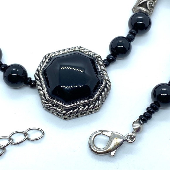 Black Onyx Statement Necklace With Beads Silver Tone Filagree Accents - Picture 10 of 11